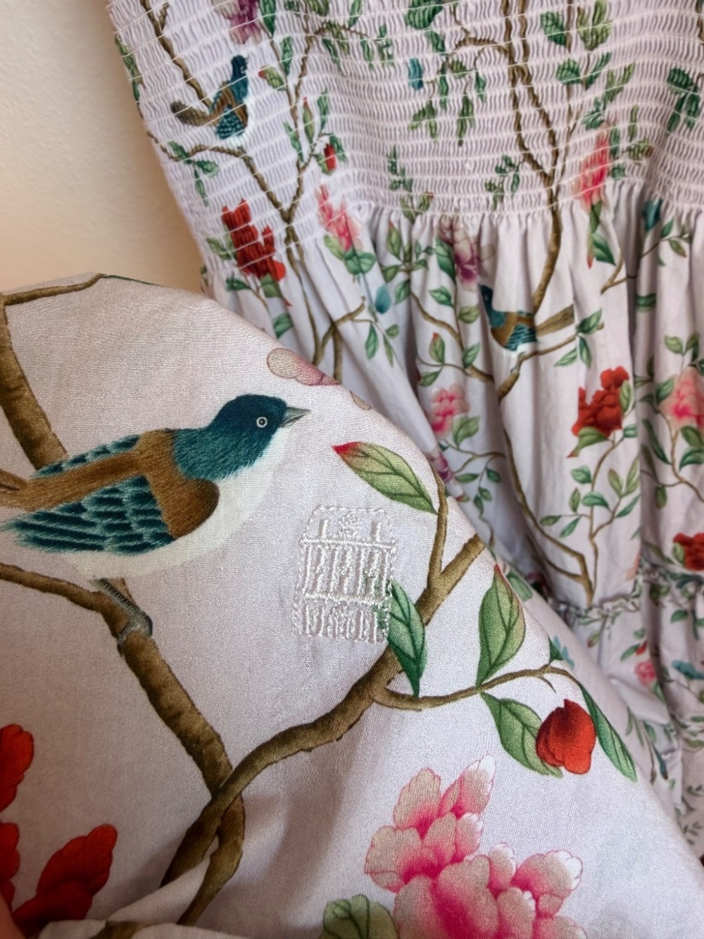 Hill House Home x Diane Hill Ellie Nap Dress Pink Floral Bird Print Smocked Midi - Picture 7 of 11